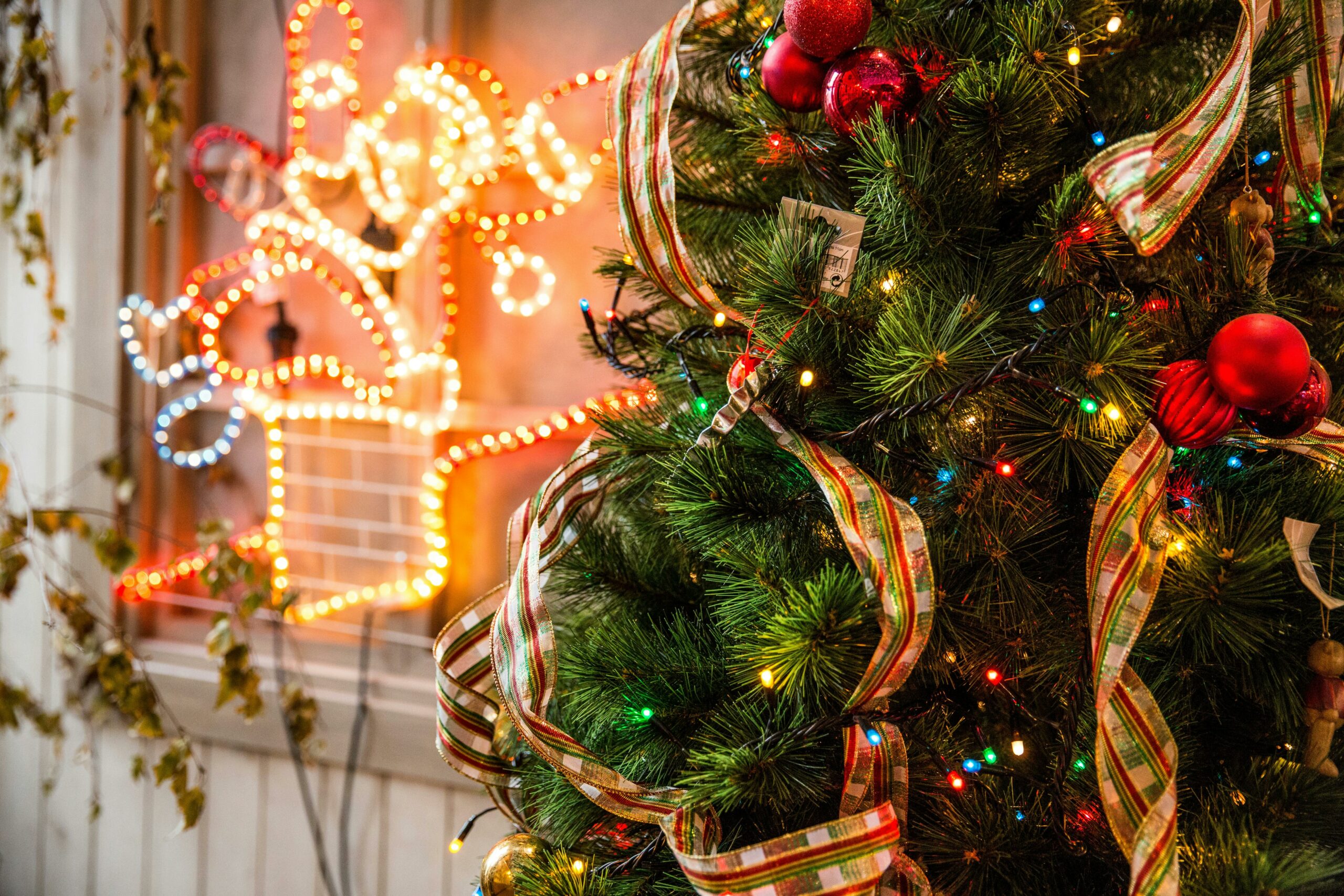 A beautifully decorated Christmas tree with lights and ornaments, capturing holiday spirit indoors.